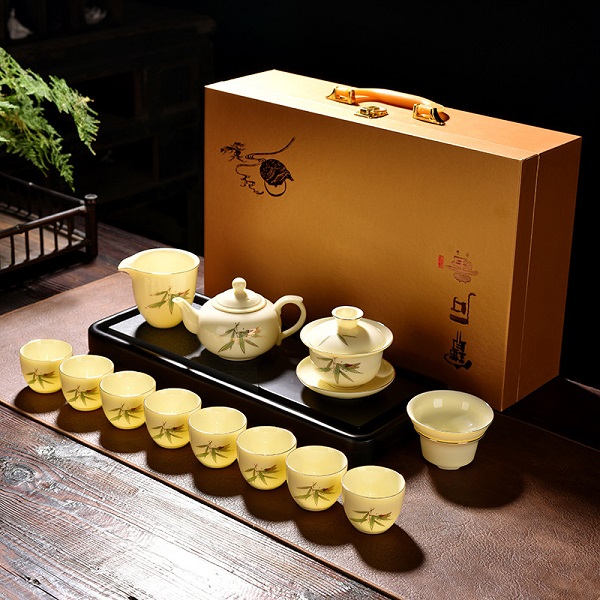 寶石黃羊脂玉茶具套裝功夫茶杯會客廳家用簡約創(chuàng)意送禮茶蓋碗套裝