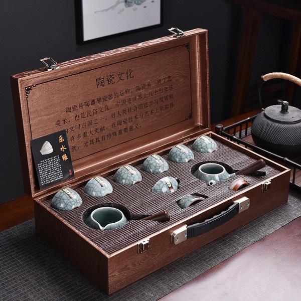 陶瓷哥窯開片金絲鐵線側(cè)把壺整套功夫茶具套裝商務(wù)禮品木質(zhì)禮盒裝