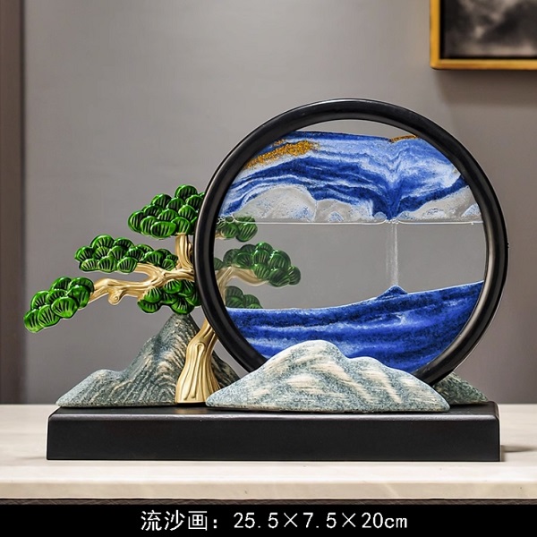 迎客松山水流沙畫擺件新中式辦公室裝飾玄關桌面茶室解壓沙漏