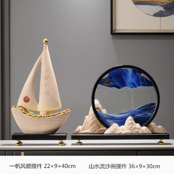 迎客松山水大號一帆風(fēng)順流沙畫擺件新中式辦公室裝飾玄關(guān)桌面茶室解壓沙漏