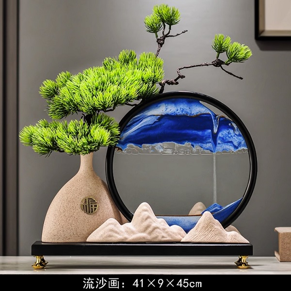 迎客松山水流沙畫擺件新中式辦公室裝飾玄關桌面茶室解壓沙漏